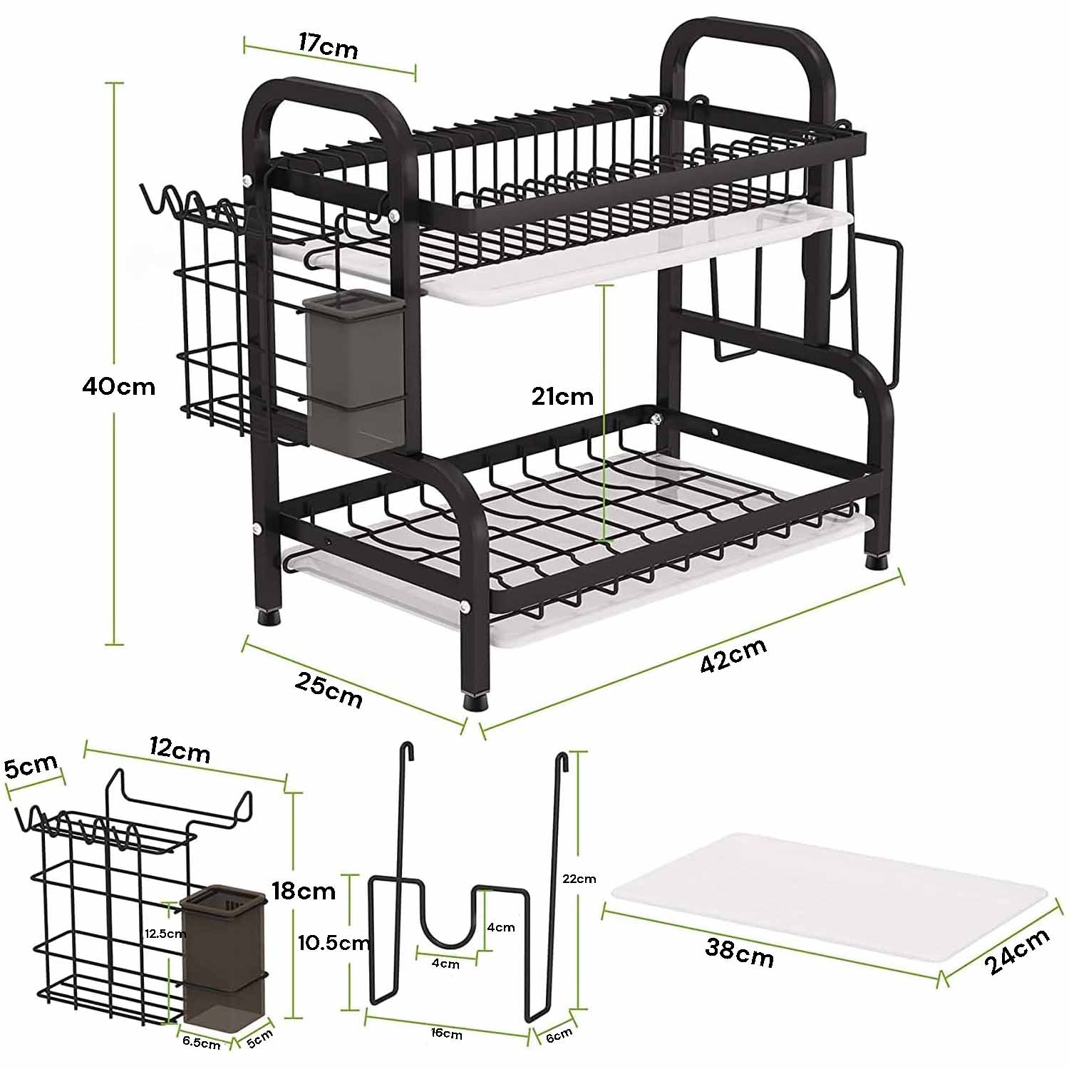 Two-tier dish rack with black frame, wire shelves, and side utensil holder
