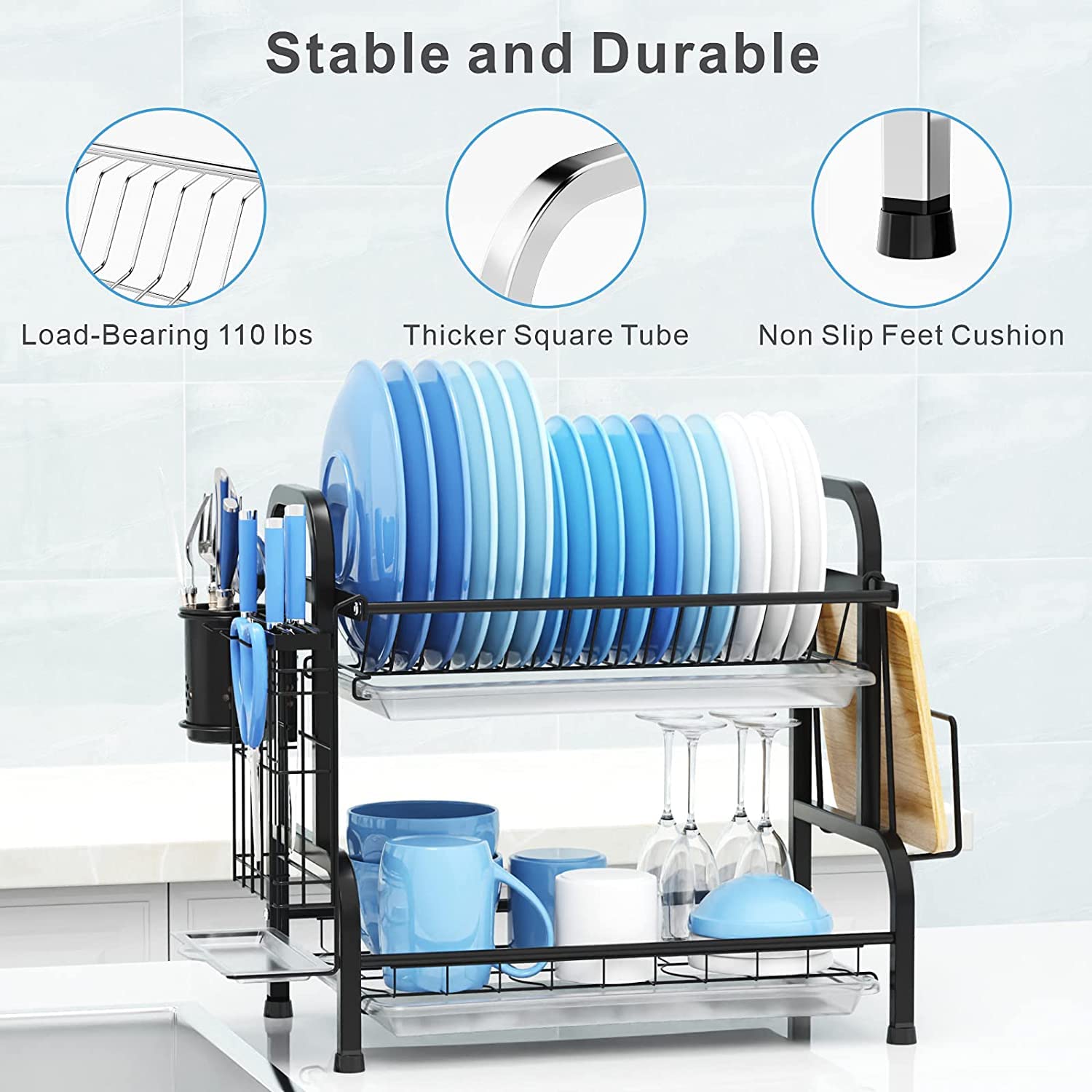 Two-tier dish rack with black frame holding stacked blue and white plates