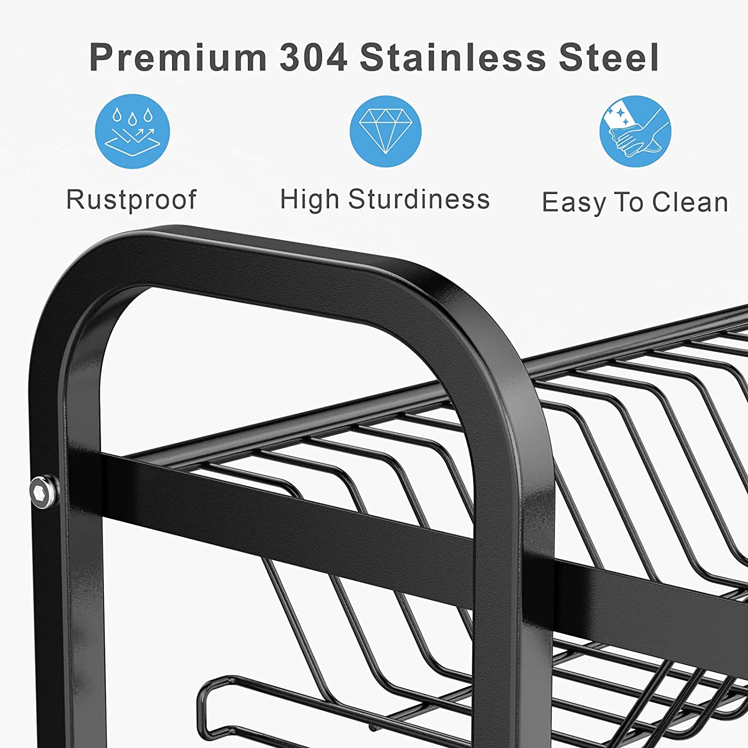Black dish rack close-up: curved top handle and wire plate supports