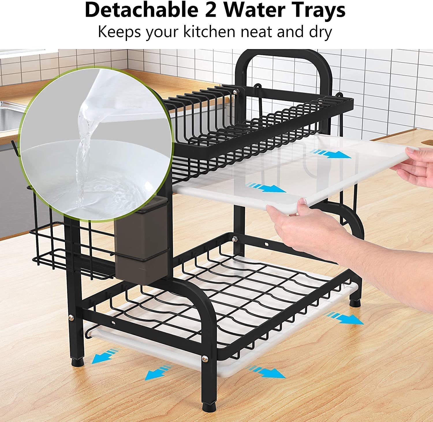 Two-tier dish rack with detachable water trays and grid base, black frame