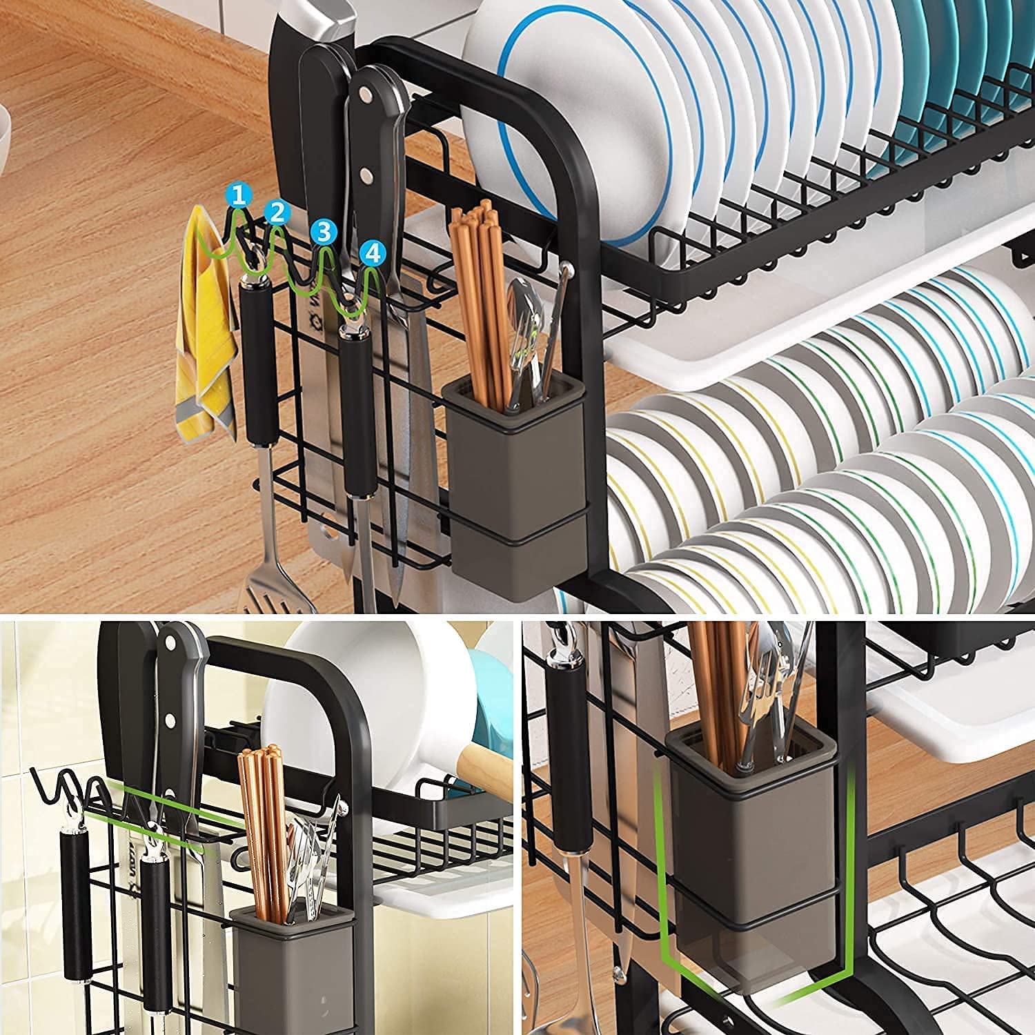 Black two-tier dish rack with two side water trays and utensil cup holder