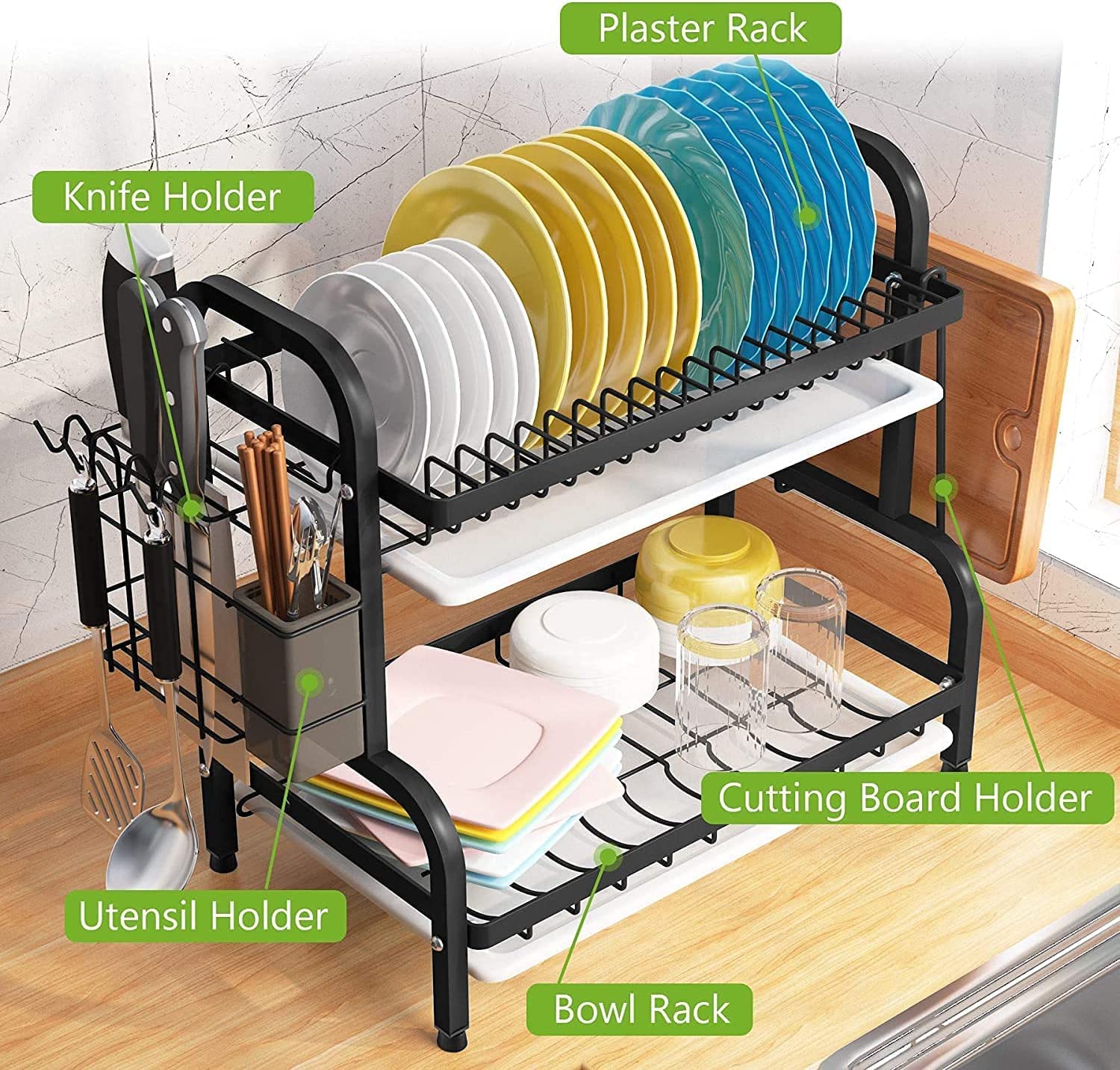 Two-tier dish rack with knife holder, cutting board holder, and bowl rack attachment