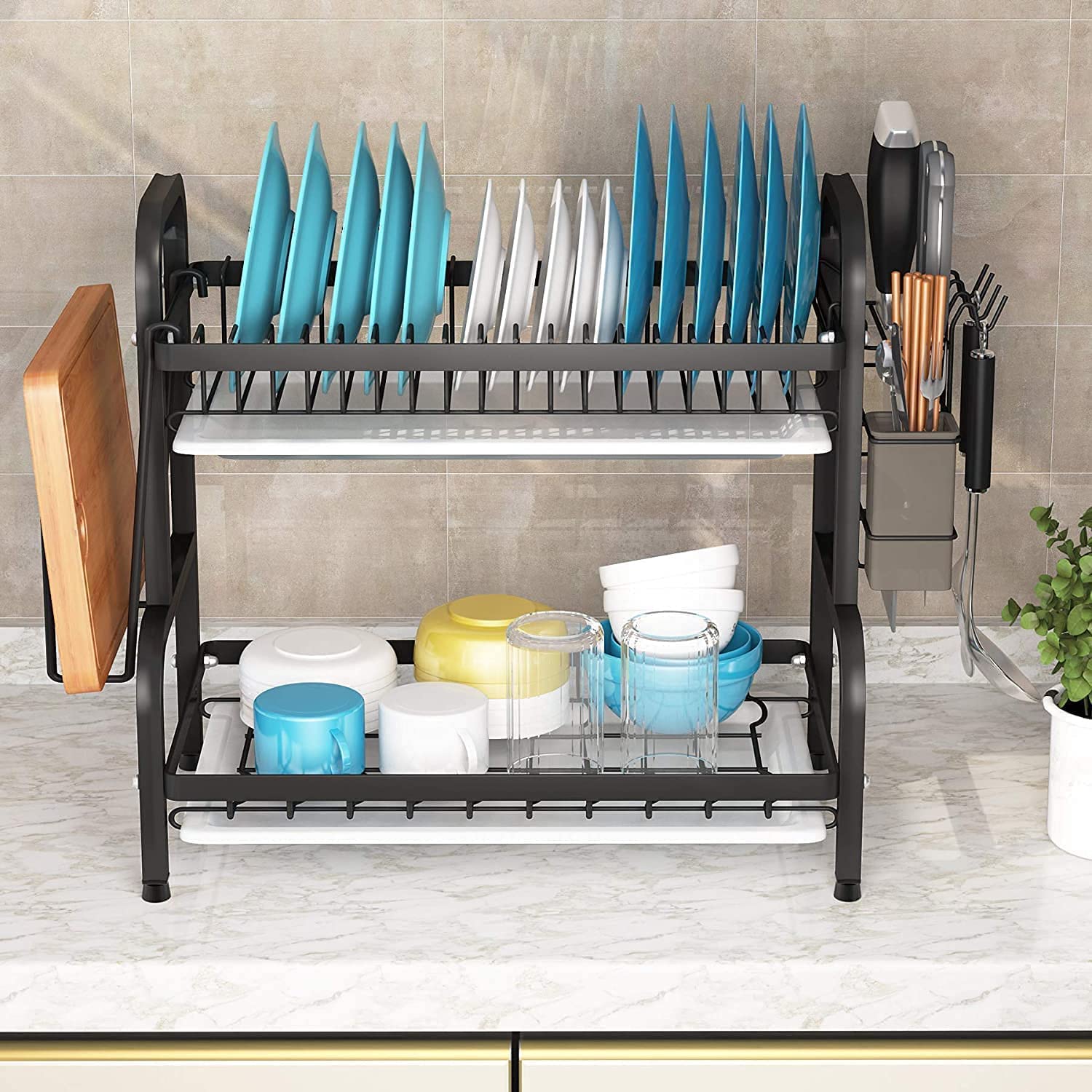 Two-tier dish drying rack with multicolor plates and glasses, black frame