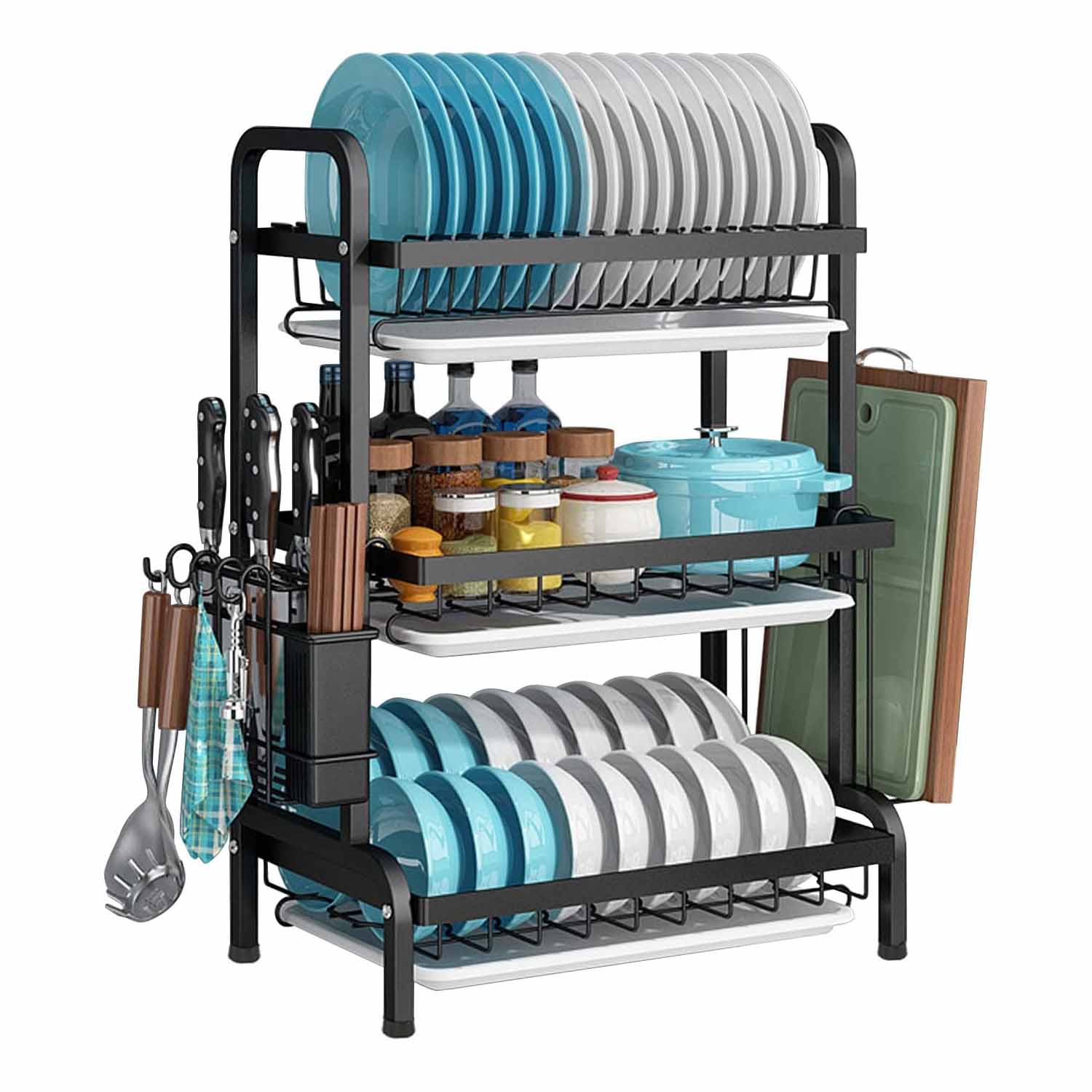 3-tier dish drying rack with ribbed plate racks and drip trays, side utensil holder