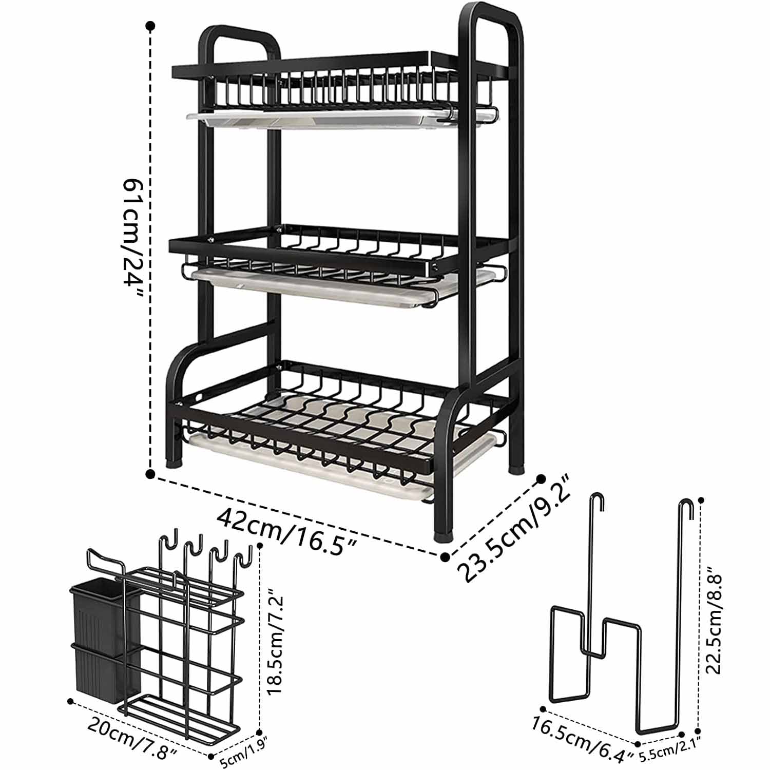 3-tier dish rack with metal frame, side handles, lower open utensil basket