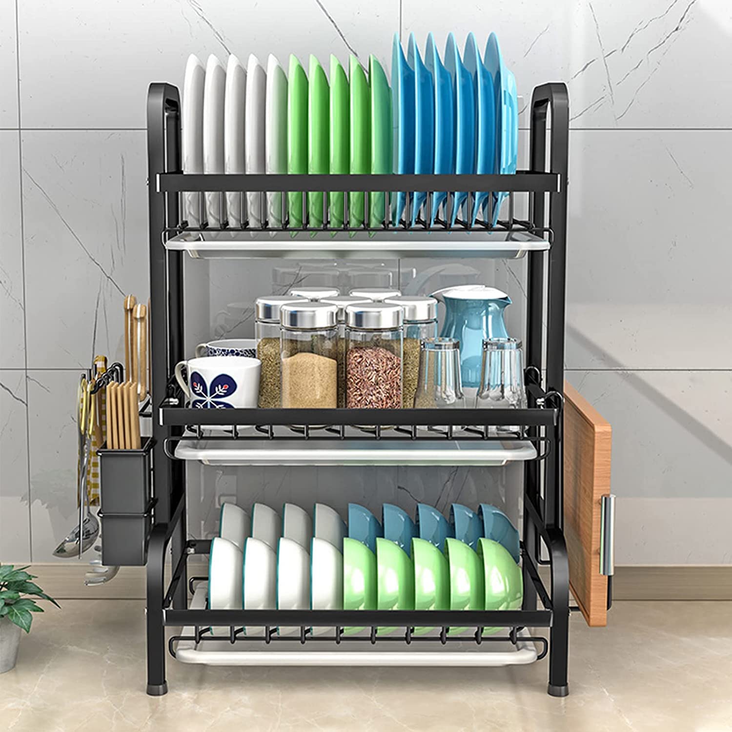 3-tier dish drying rack with stacked blue, green, and white plates and cups