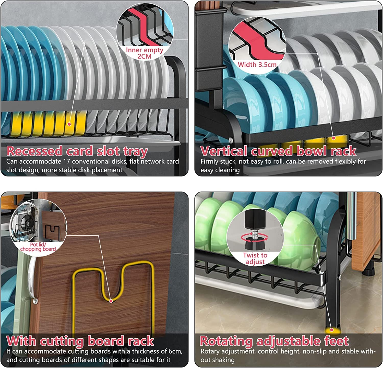 Dish rack feature panel: recessed tray slot, vertical curved bowl rack, adjustable feet