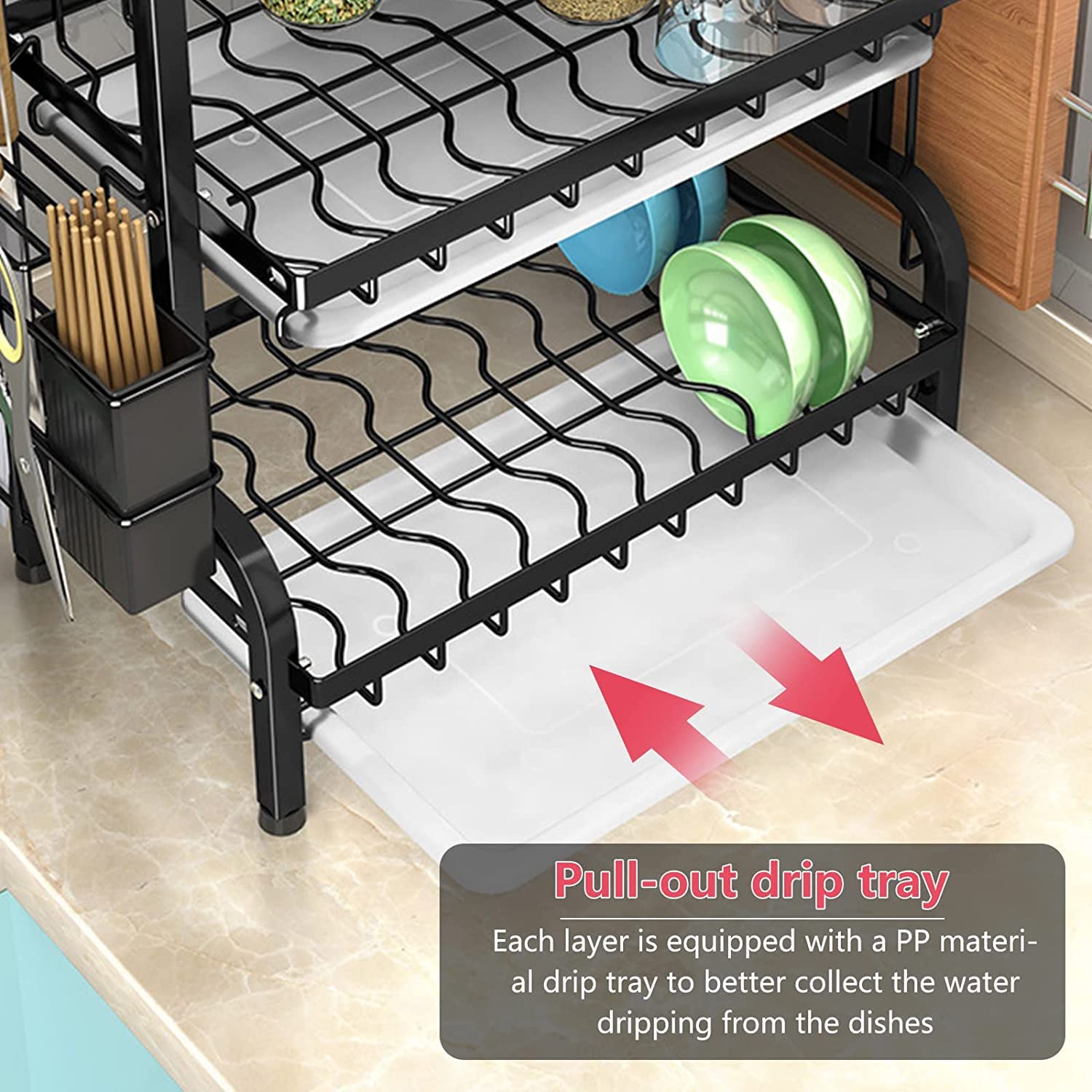 Dish rack pull-out drip tray with layered wire shelves for plates and bowls