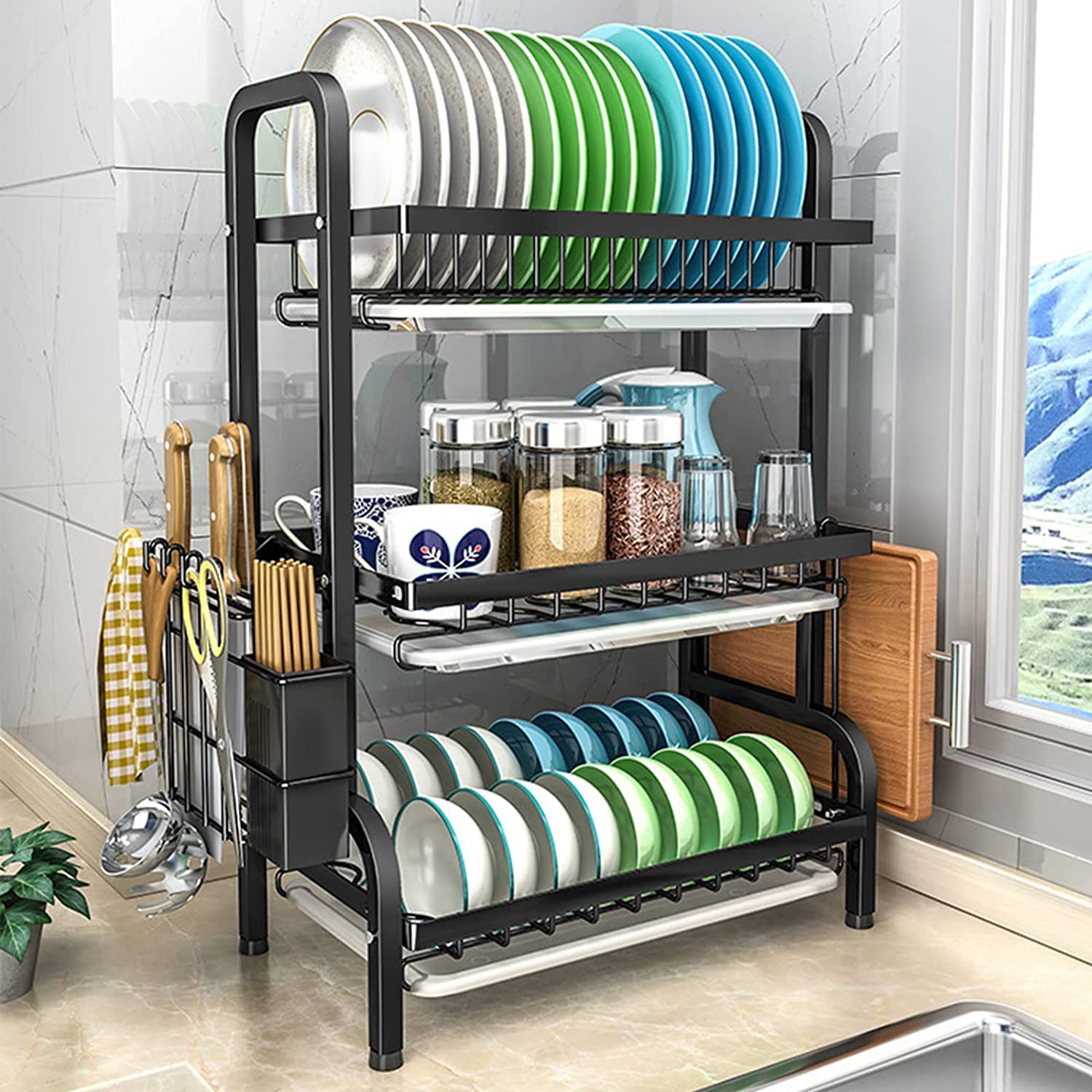 3-tier dish drying rack with multicolor plate racks and side utensil holder