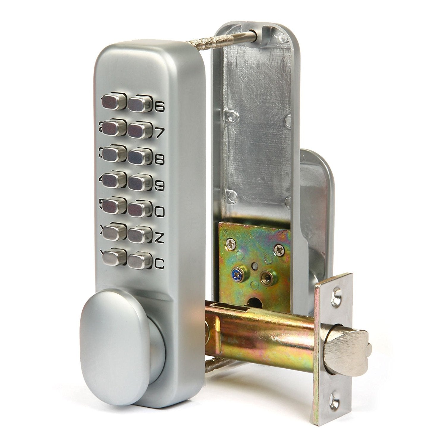 Mechanical keyless password door lock with open mechanism and bolt, silver housing