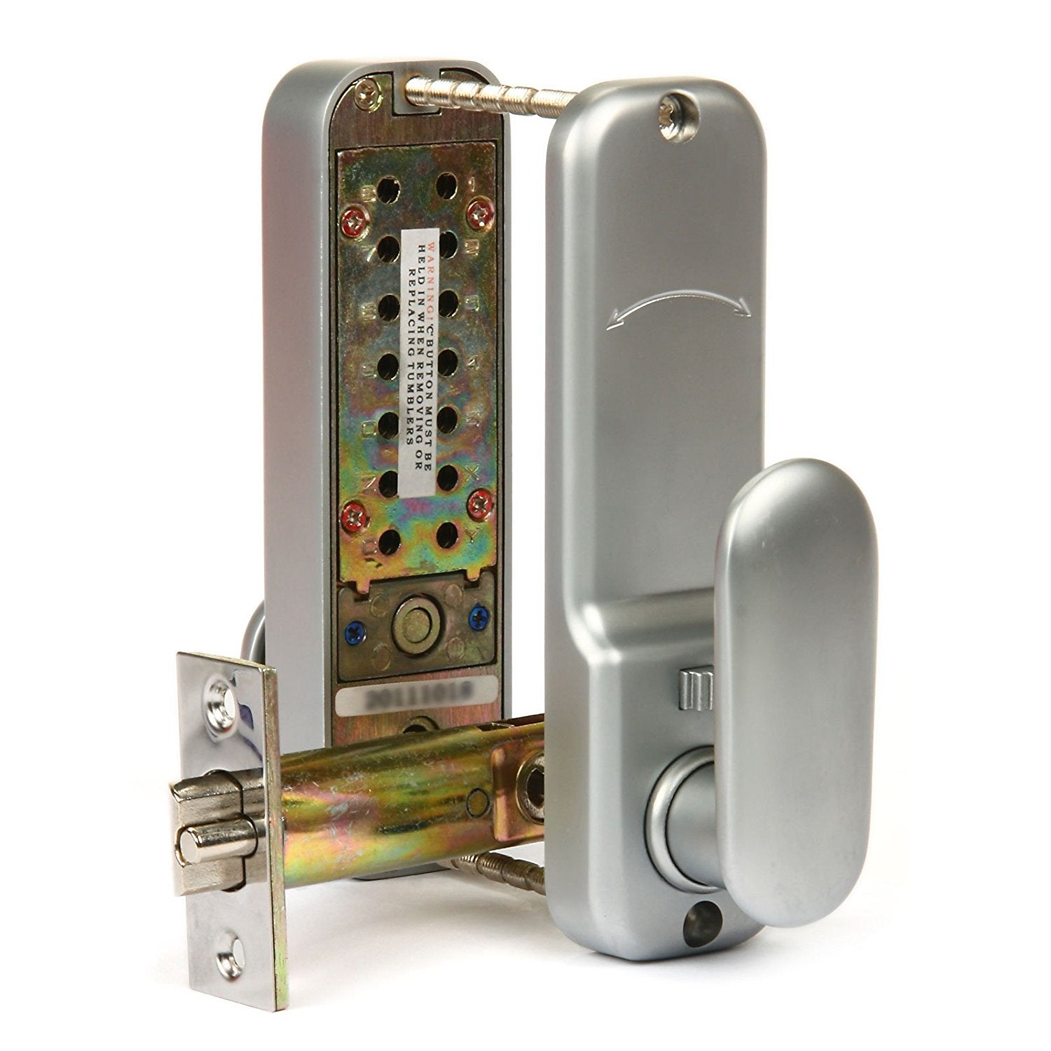 Mechanical keyless password door lock with exposed latch plate and silver lever