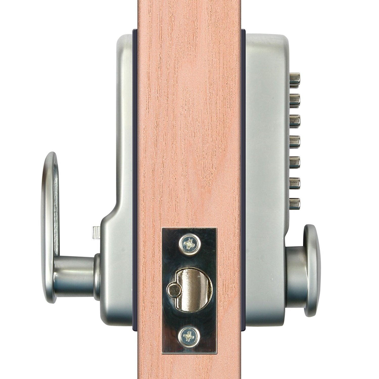 Mechanical keyless password door lock mounted on wood door with metal faceplate