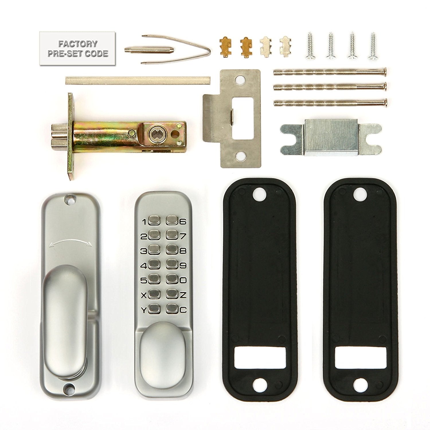 Mechanical keyless password door lock kit with keypad unit, covers, and installation hardware