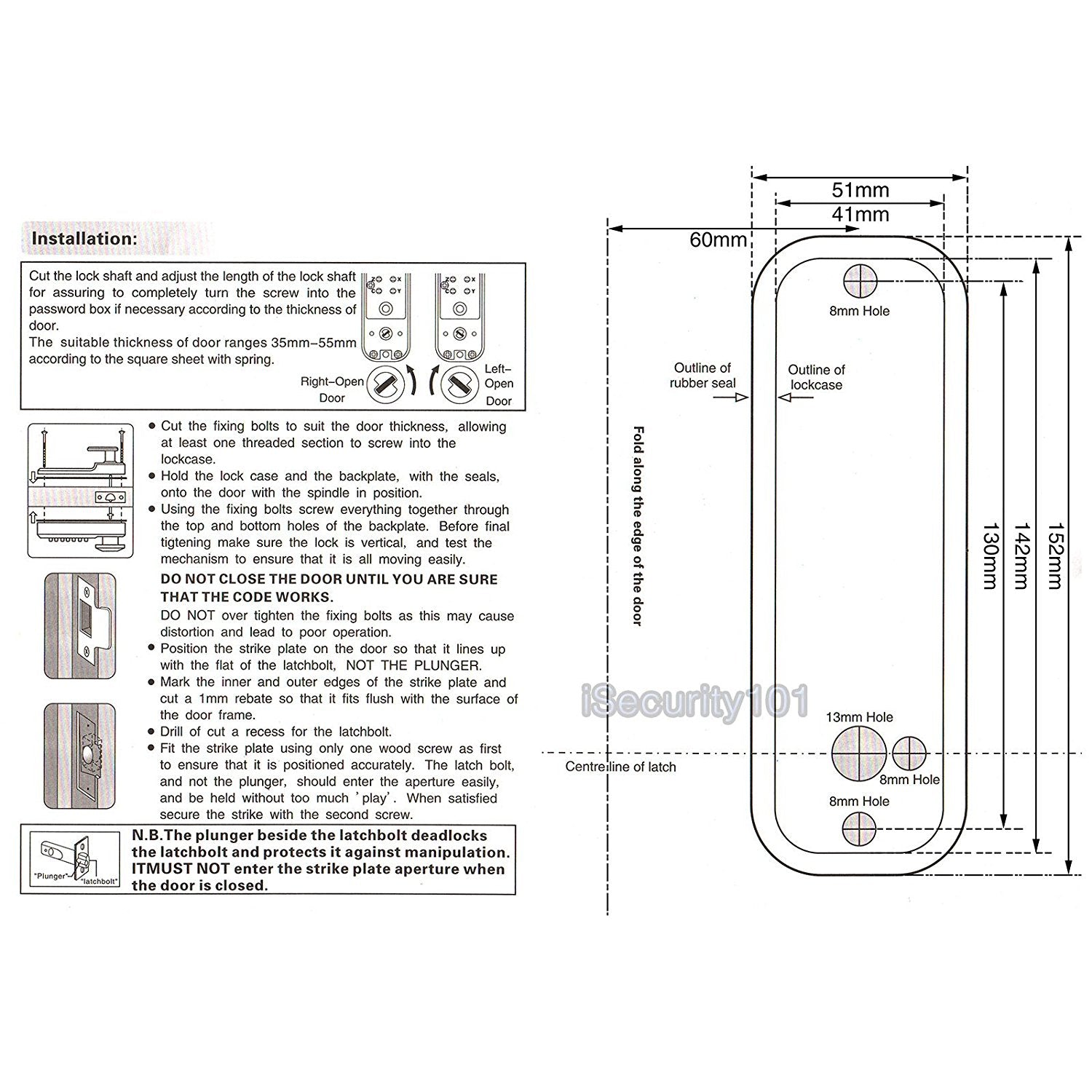 Mechanical keyless password door lock installation diagram with size measurements in mm