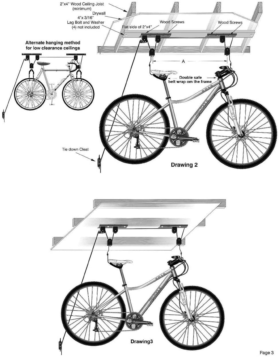 Ceiling bike hoist system diagram with hanging pulleys for securing and lifting bicycles