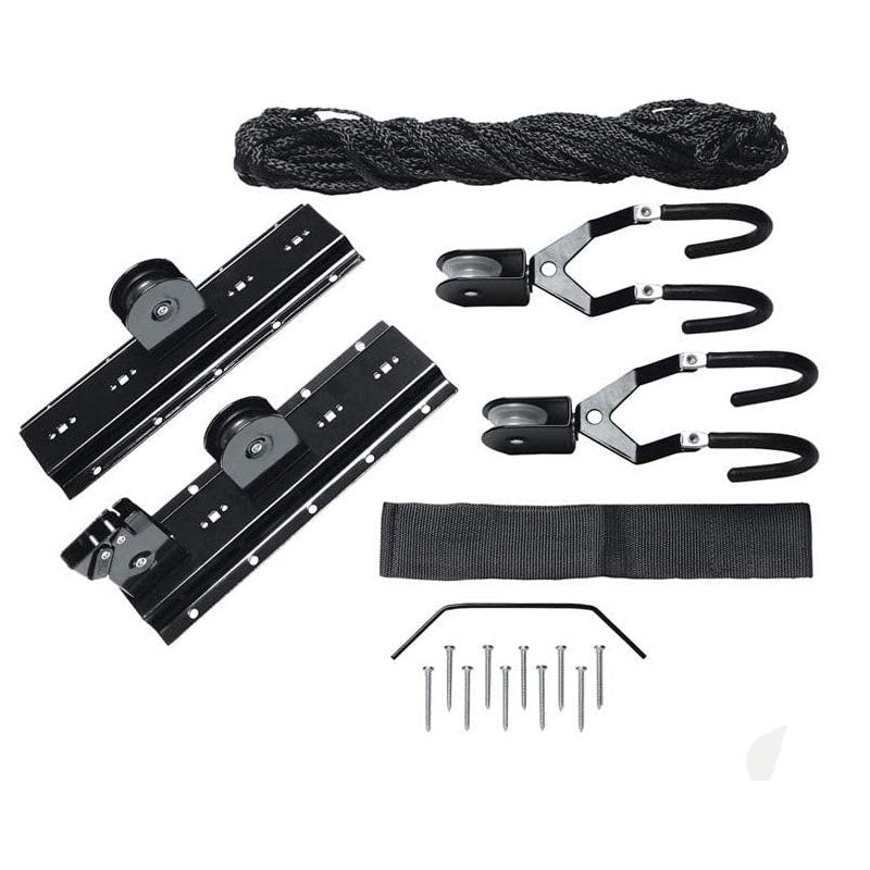 Ceiling bike hoist kit with black mounting rails, rope, hooks, straps, and screws