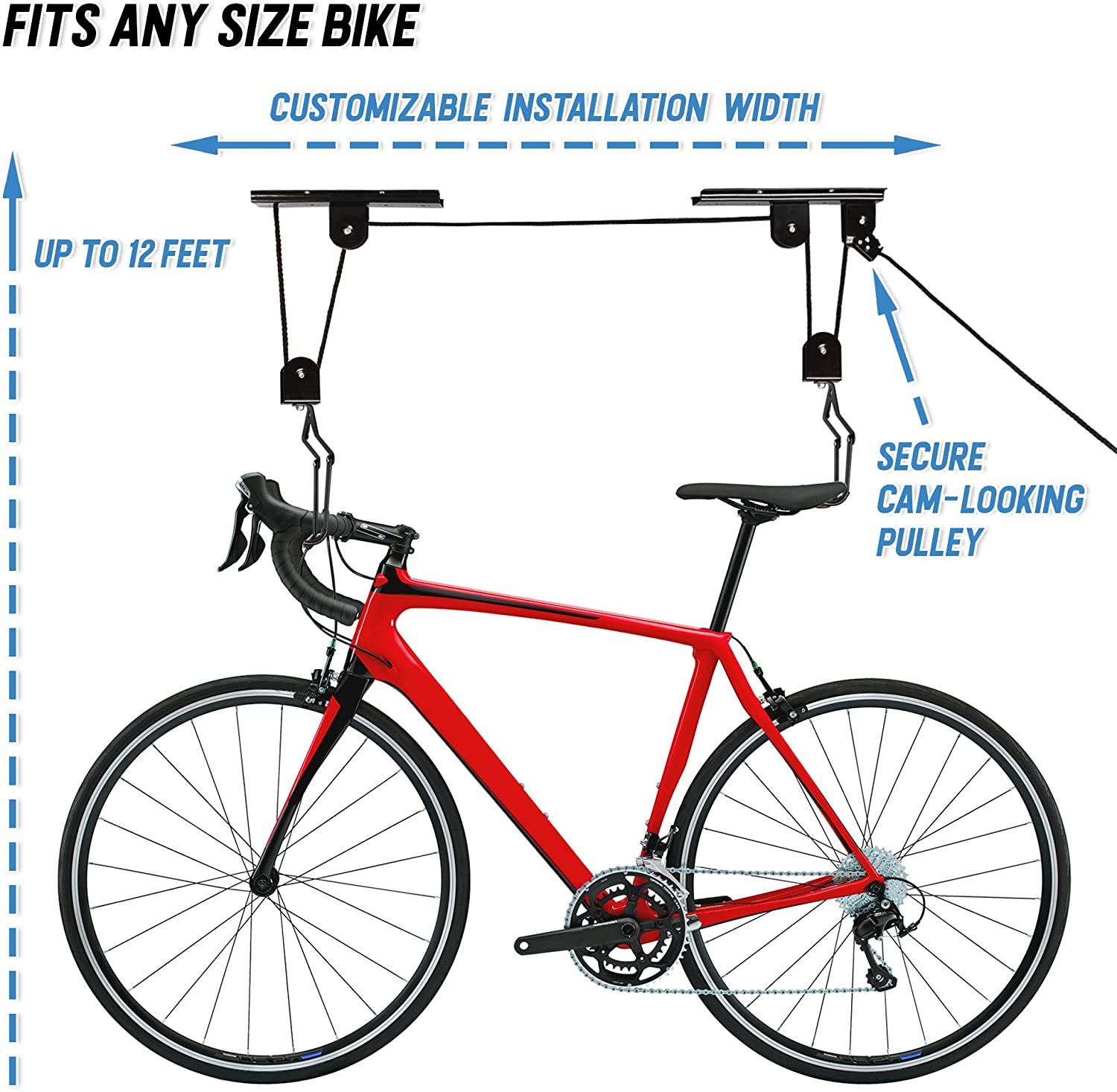 Ceiling bike hoist with cam-lock pulleys and straps lifting a red bicycle from above