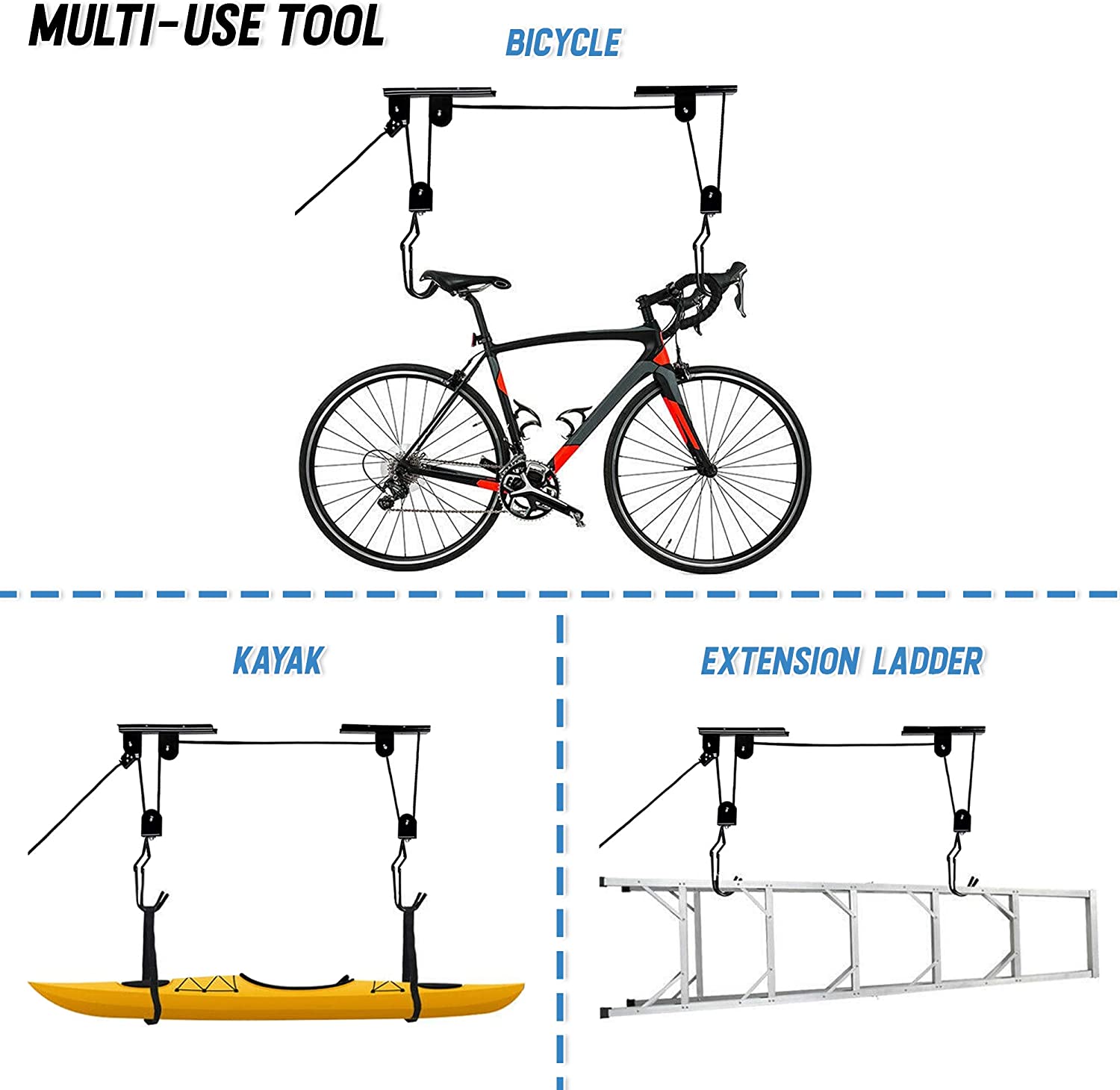 Multi-use ceiling hoist hooks and pulley attachments for bicycle, kayak, and ladder mounting