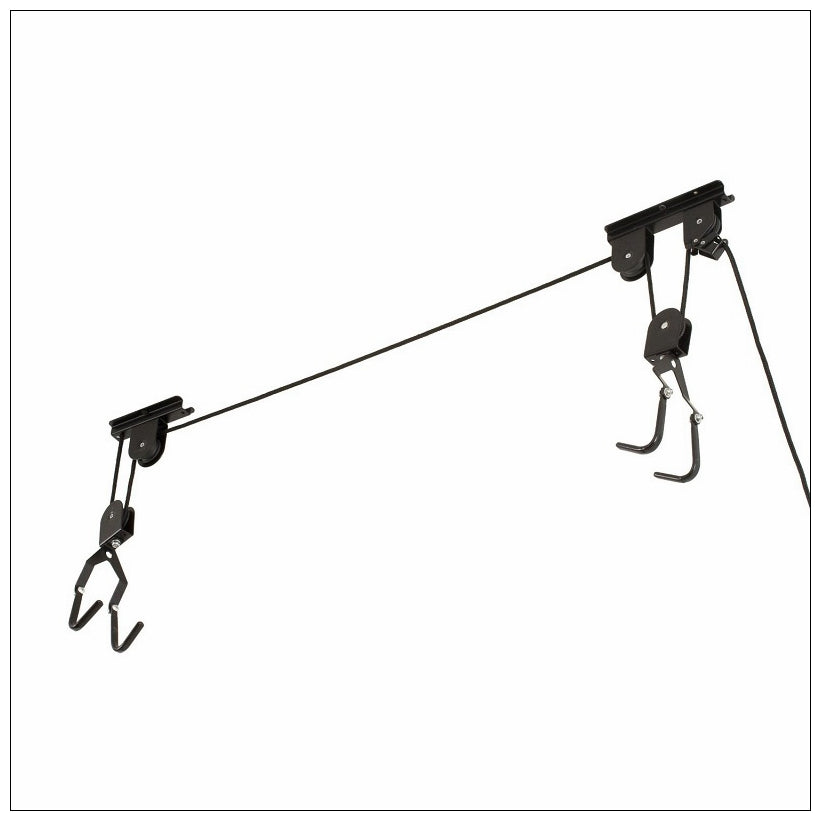 Black ceiling mount bar with pulley and curved bike hooks for hanging heavy bikes