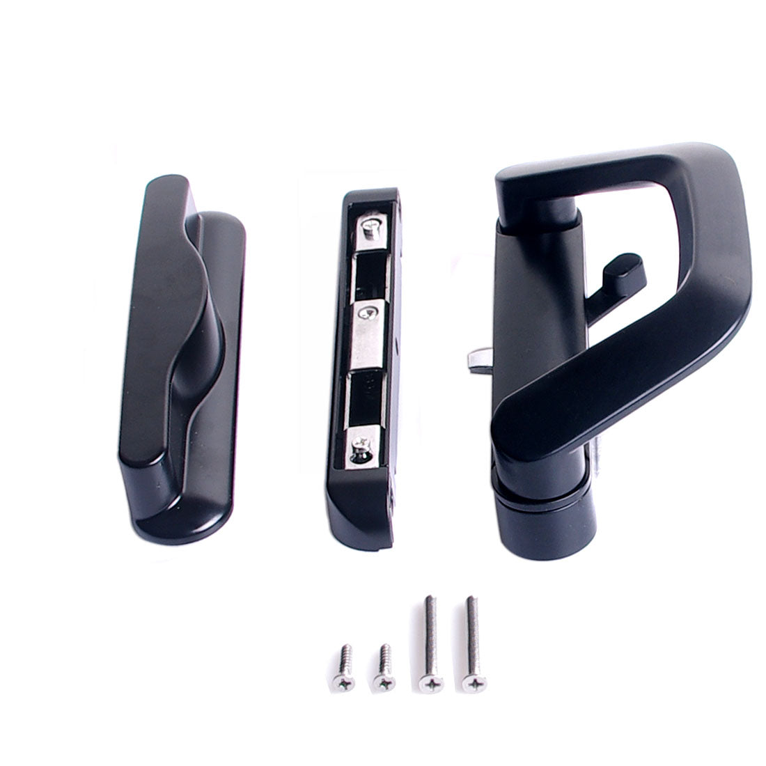 Black sliding patio door mortise lock handle set with two handles and mounting screws