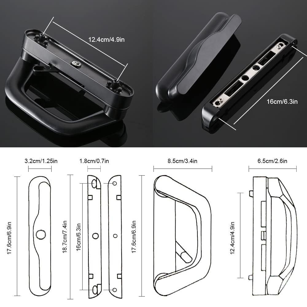 Black sliding patio door mortise lock handle set with measurement diagrams and mounting hardware