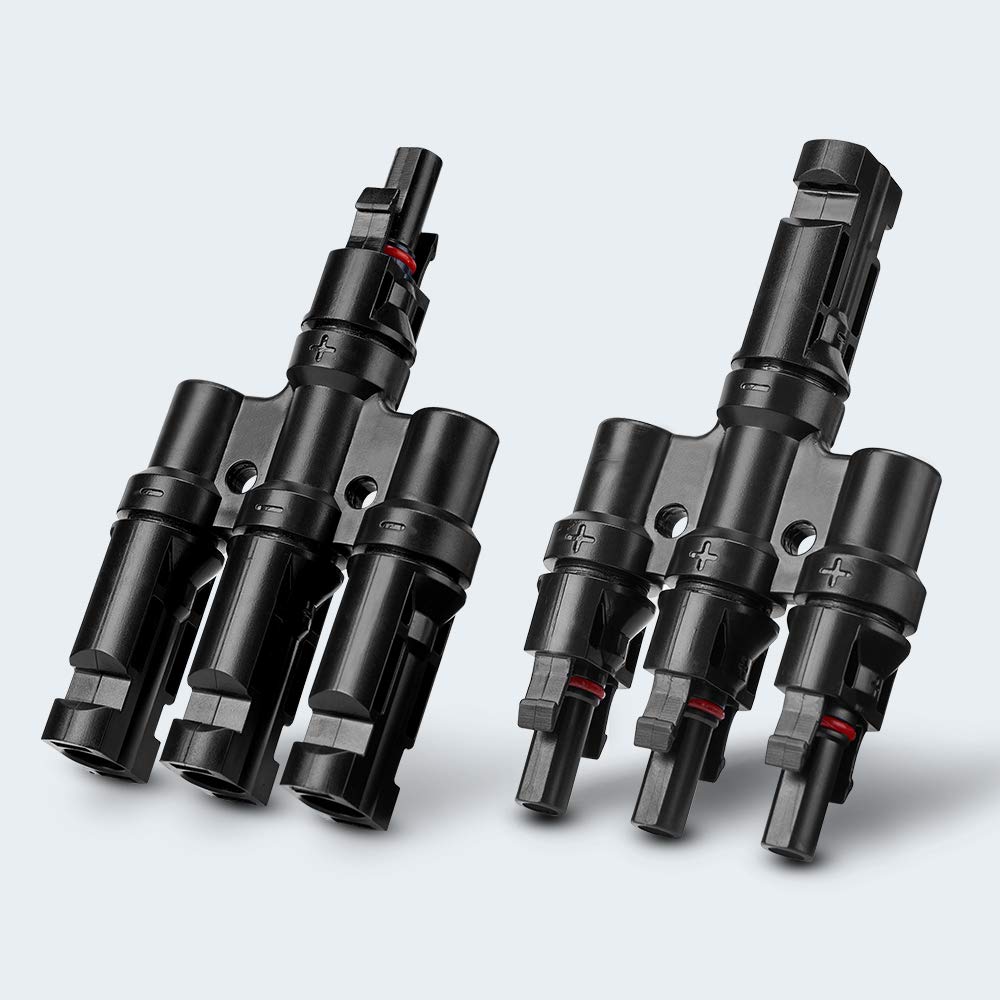 Waterproof T-branch cable connector set with male and female ends, black