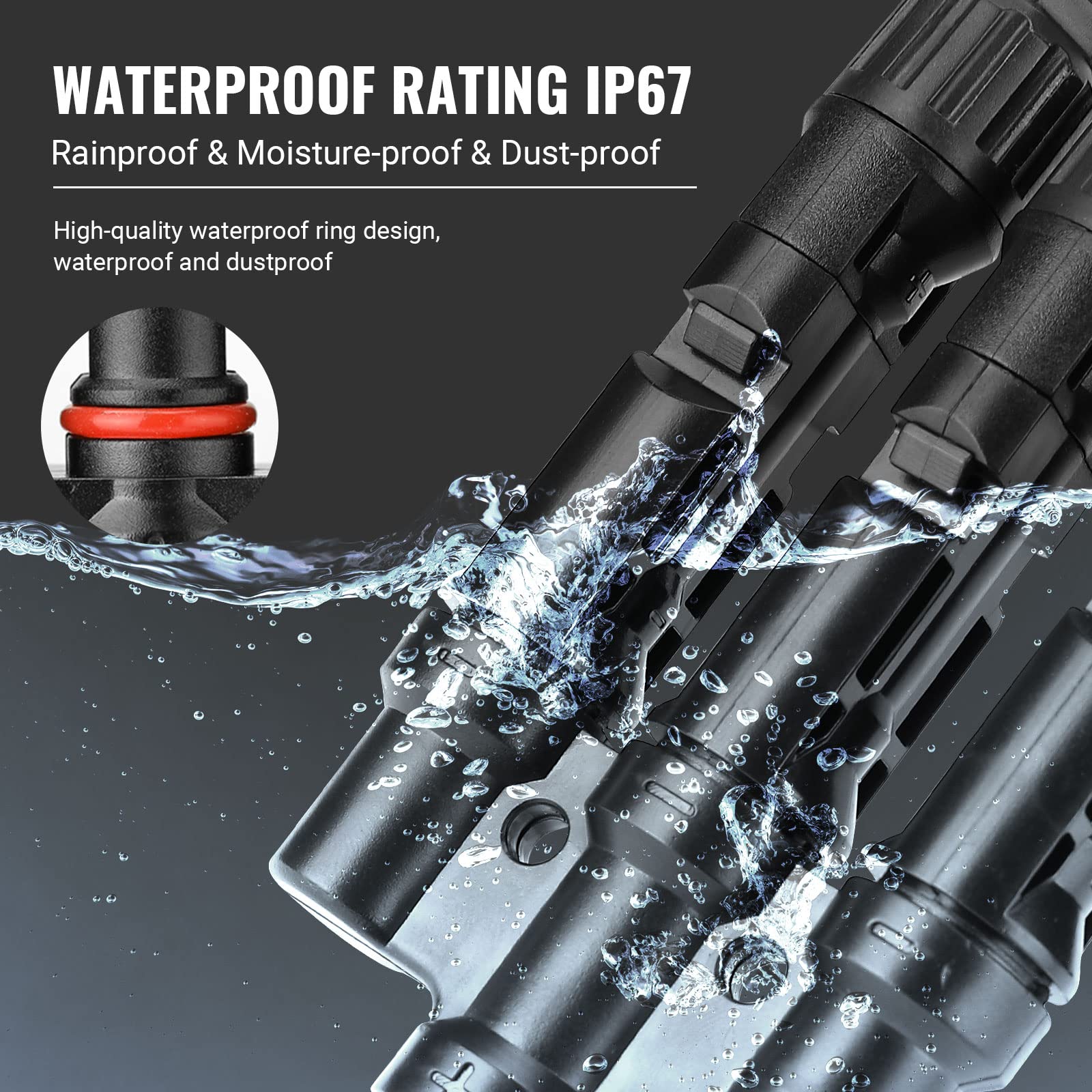 Waterproof T-branch cable connectors with sealed housings, black male and female ends