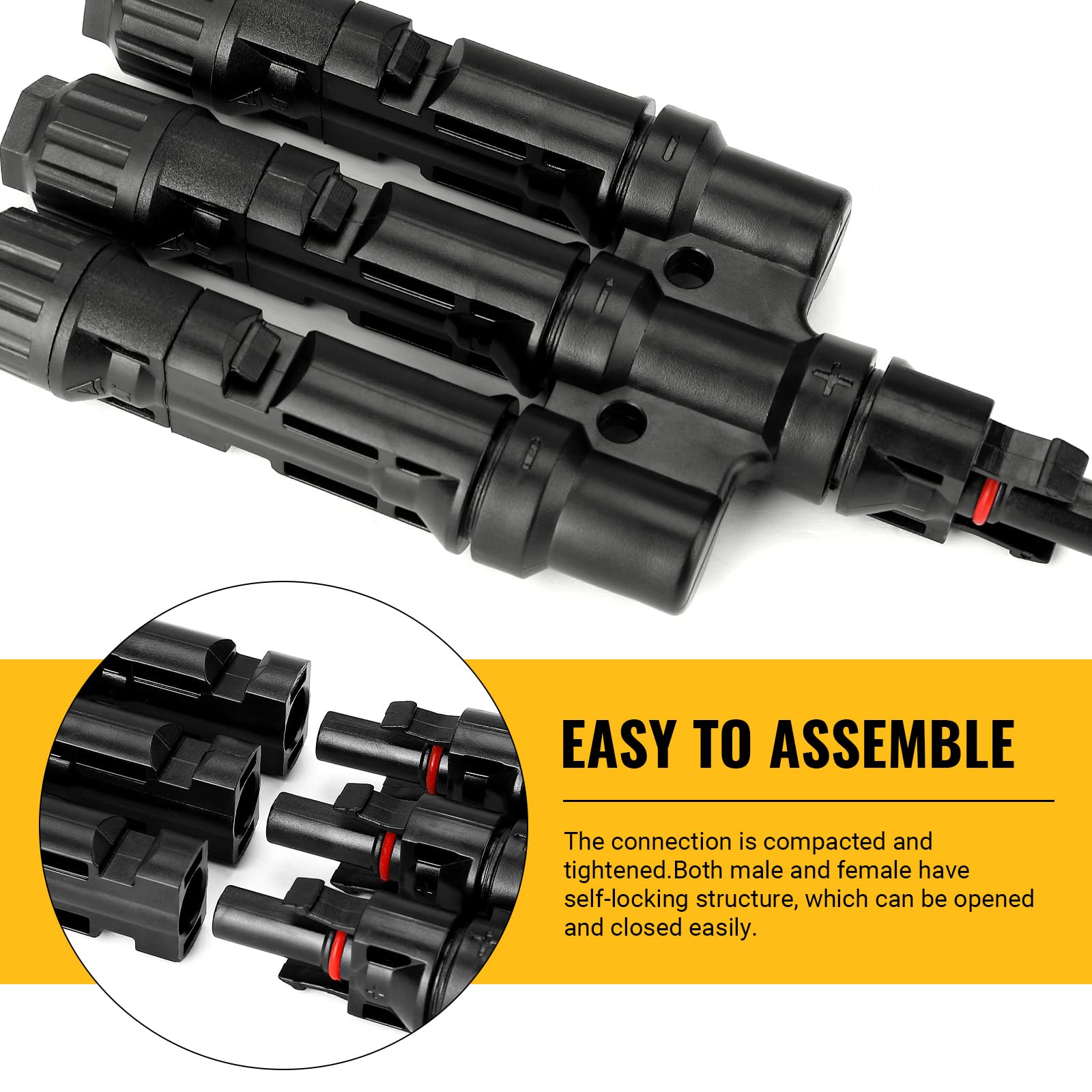 Waterproof T-branch cable connector assembly, black male and female plug housings