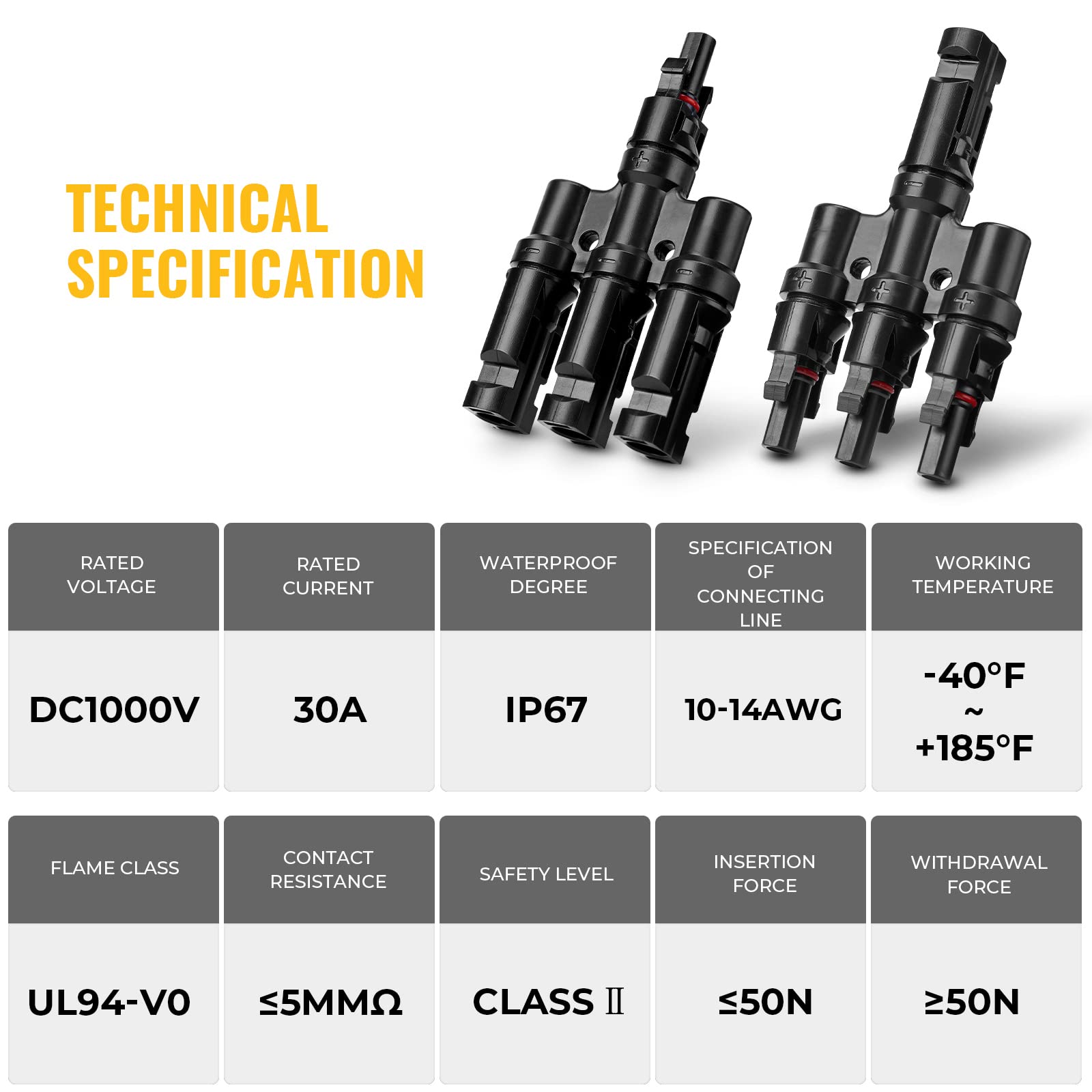Waterproof T-branch cable connectors, black male and female plug pair