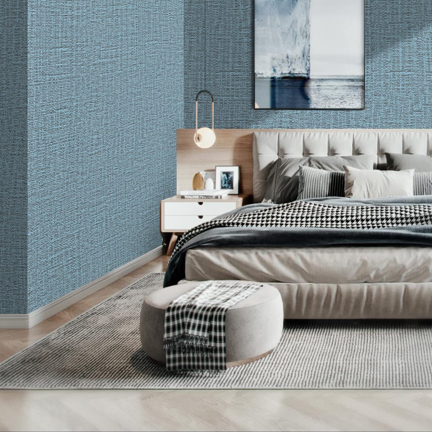 Blue woven-texture wallpaper on wall in room