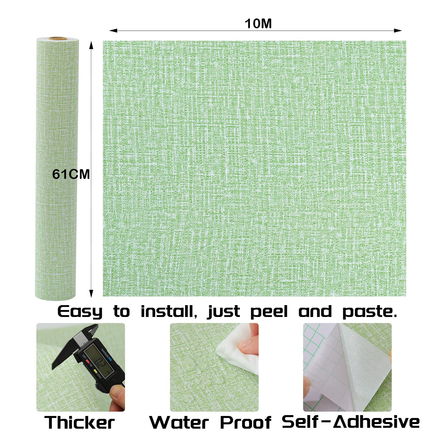 Green self-adhesive wallpaper sheet roll with 61cm by 10m layout diagram