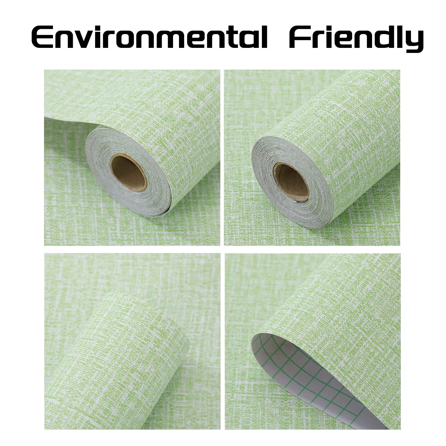 Green textured wallpaper roll and pattern close-up swatches, faux grasscloth look