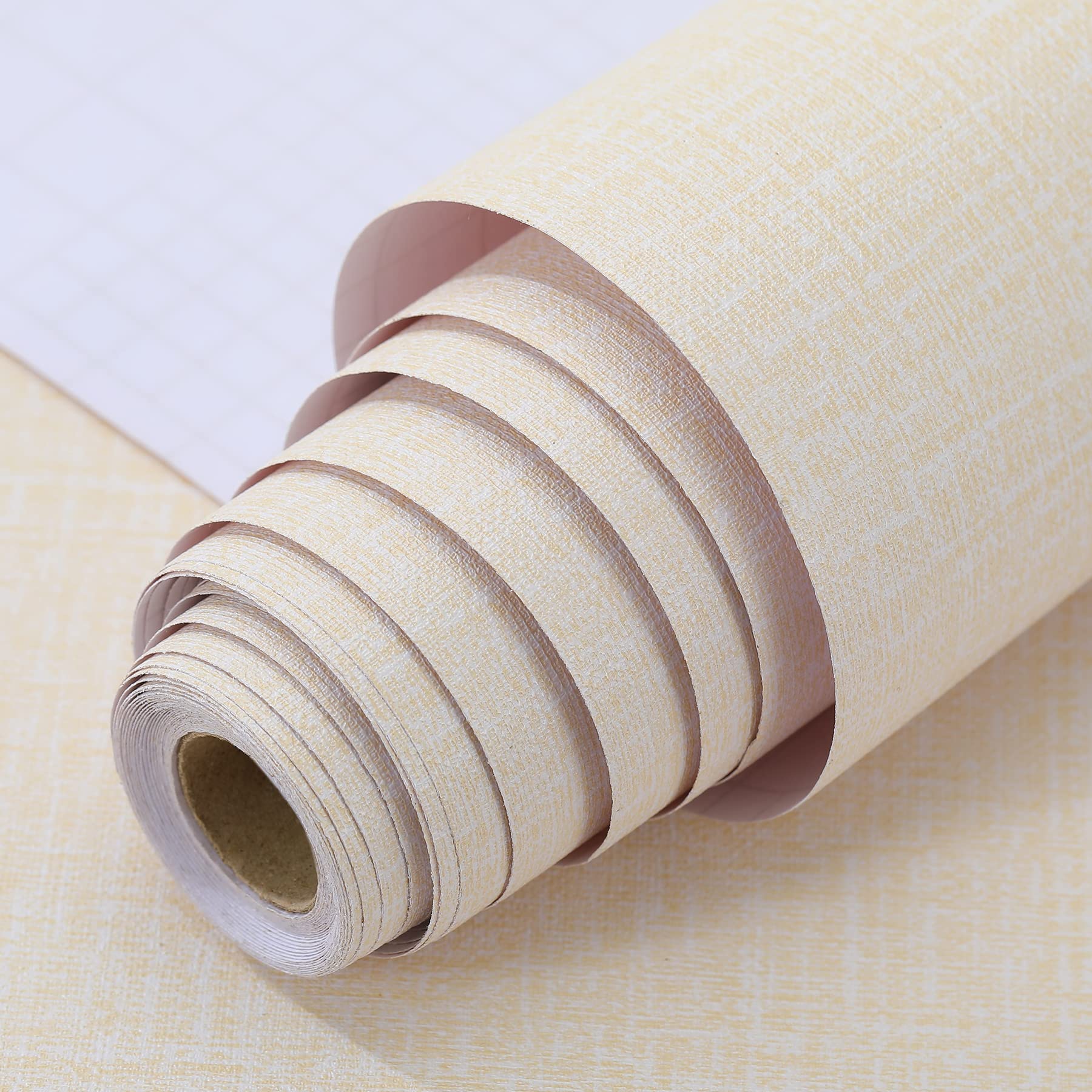 Beige faux grasscloth wallpaper roll with textured woven pattern