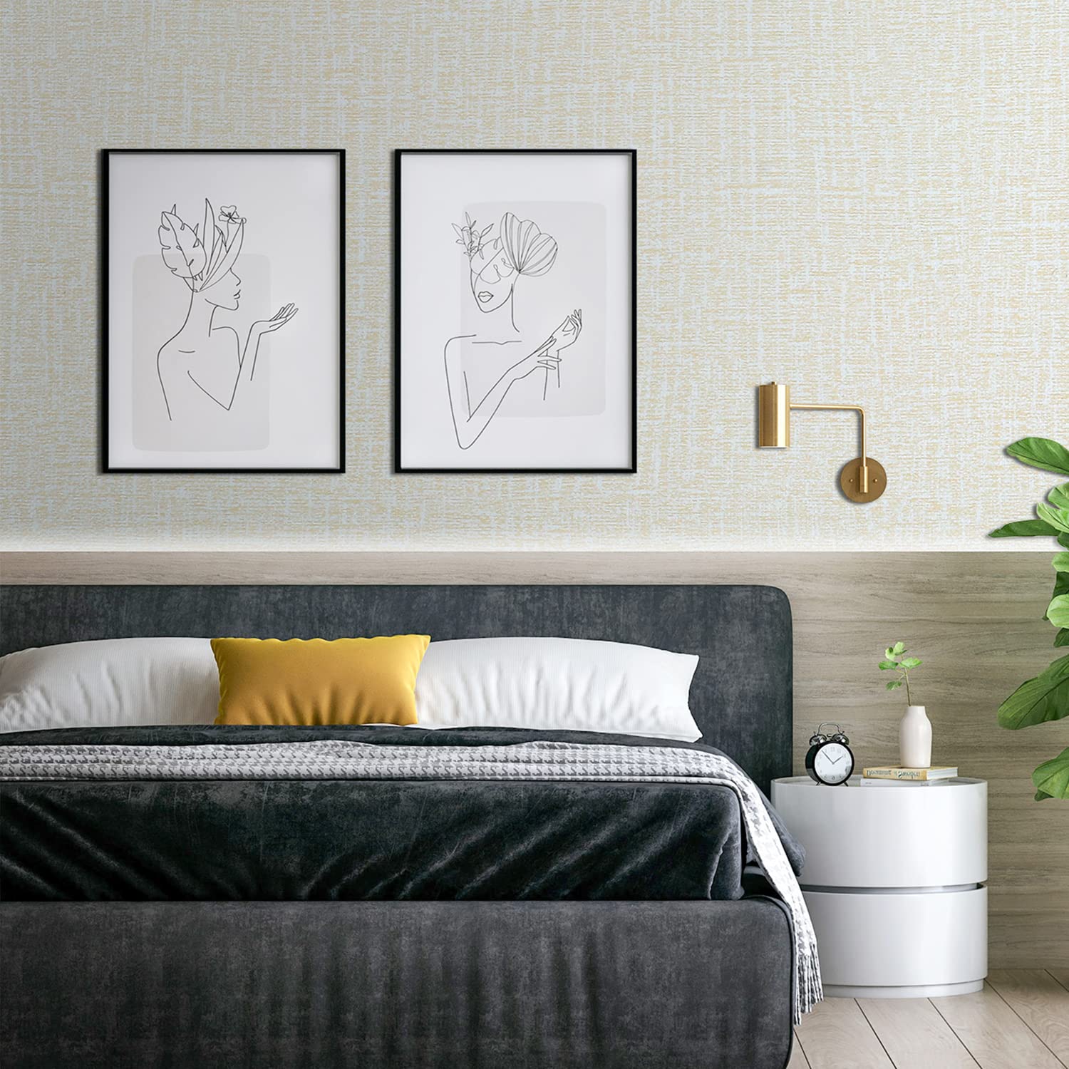 Beige faux grasscloth wallpaper on wall above bed and nightstand