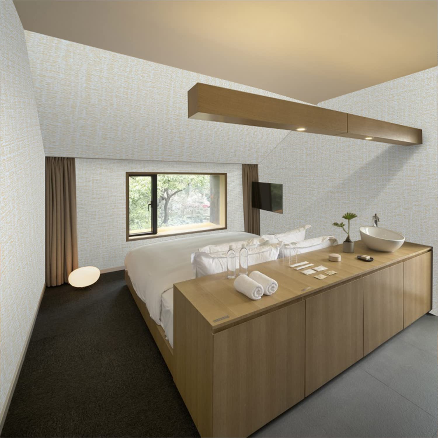 Beige faux grasscloth wallpaper on bedroom walls near window and bed