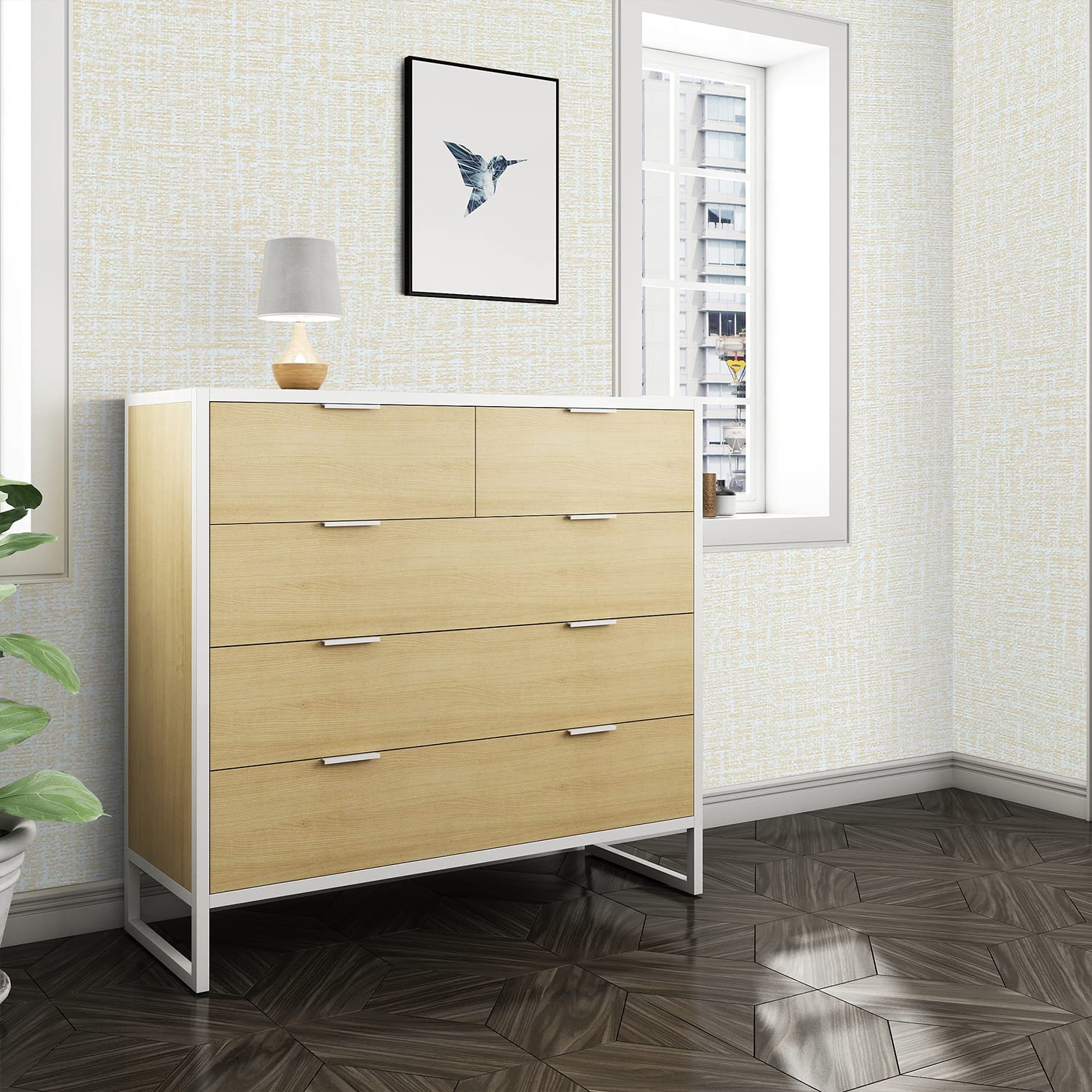 Beige faux grasscloth wallpaper on wall behind dresser and mirror