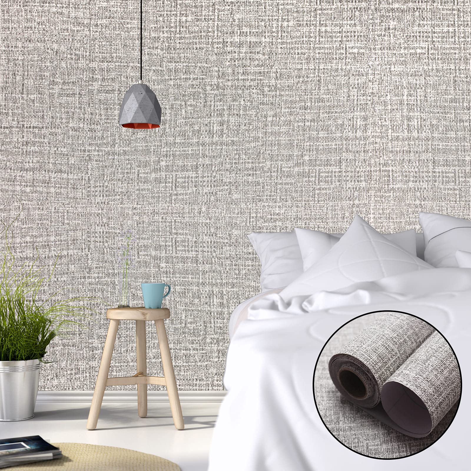 Faux grasscloth contact wallpaper on wall with roll showing light grey woven texture