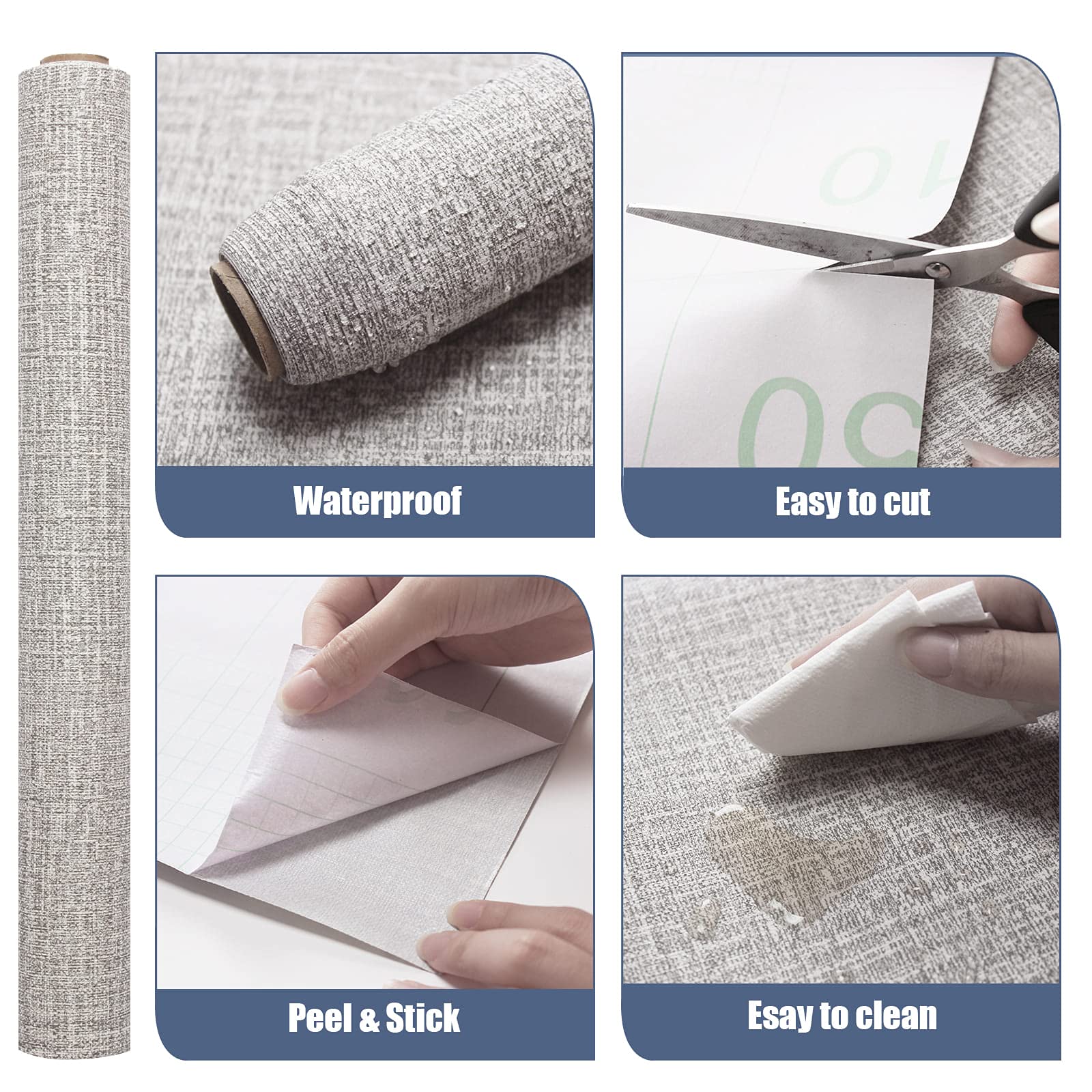 Faux grasscloth contact wallpaper sheet with feature icons, light grey textured finish