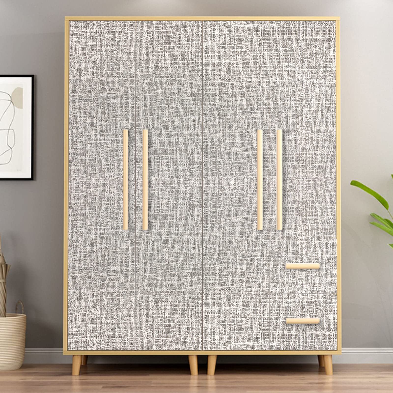 Faux grasscloth contact wallpaper panel in light grey with woven speckled texture