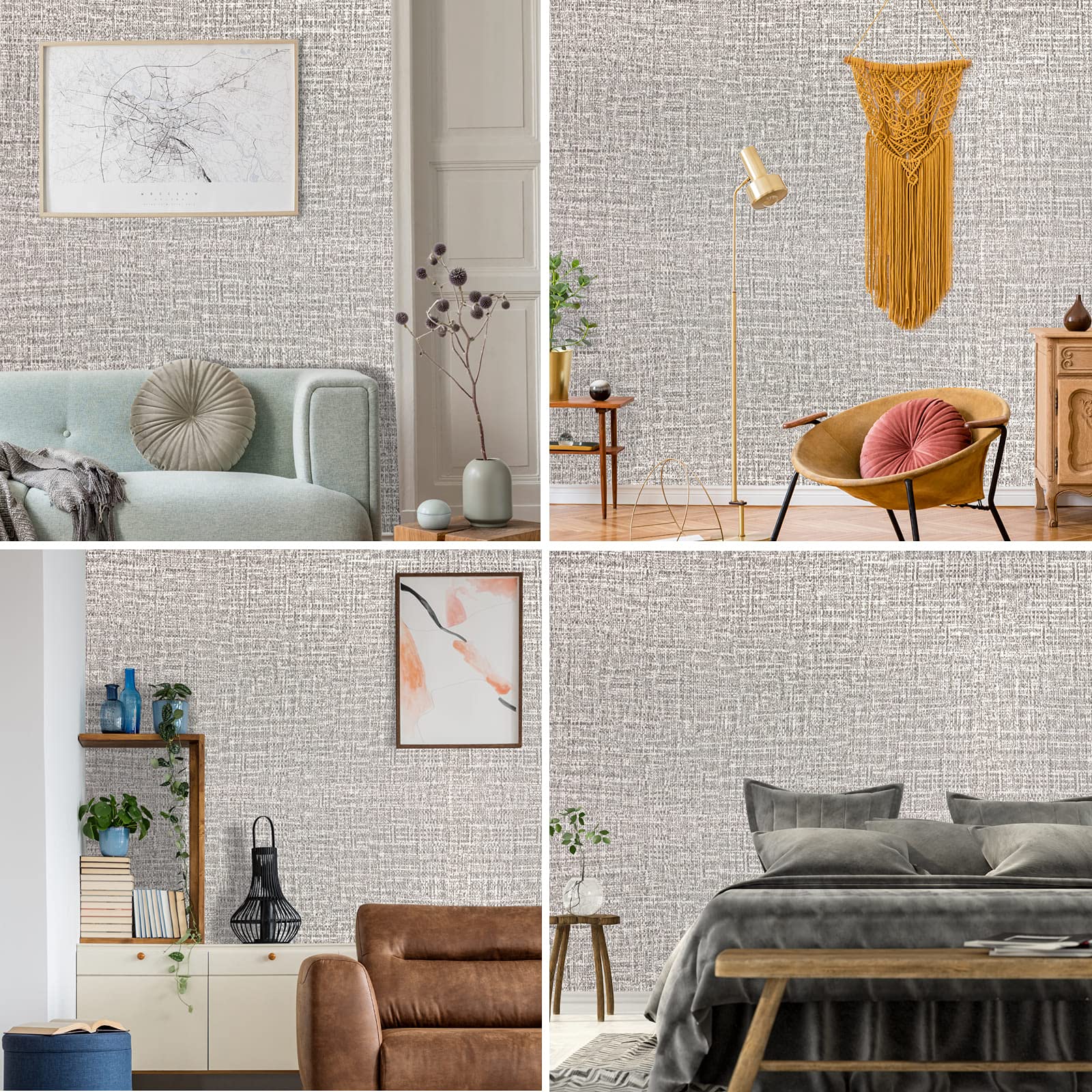 Faux grasscloth contact wallpaper used in rooms, light grey woven textured finish