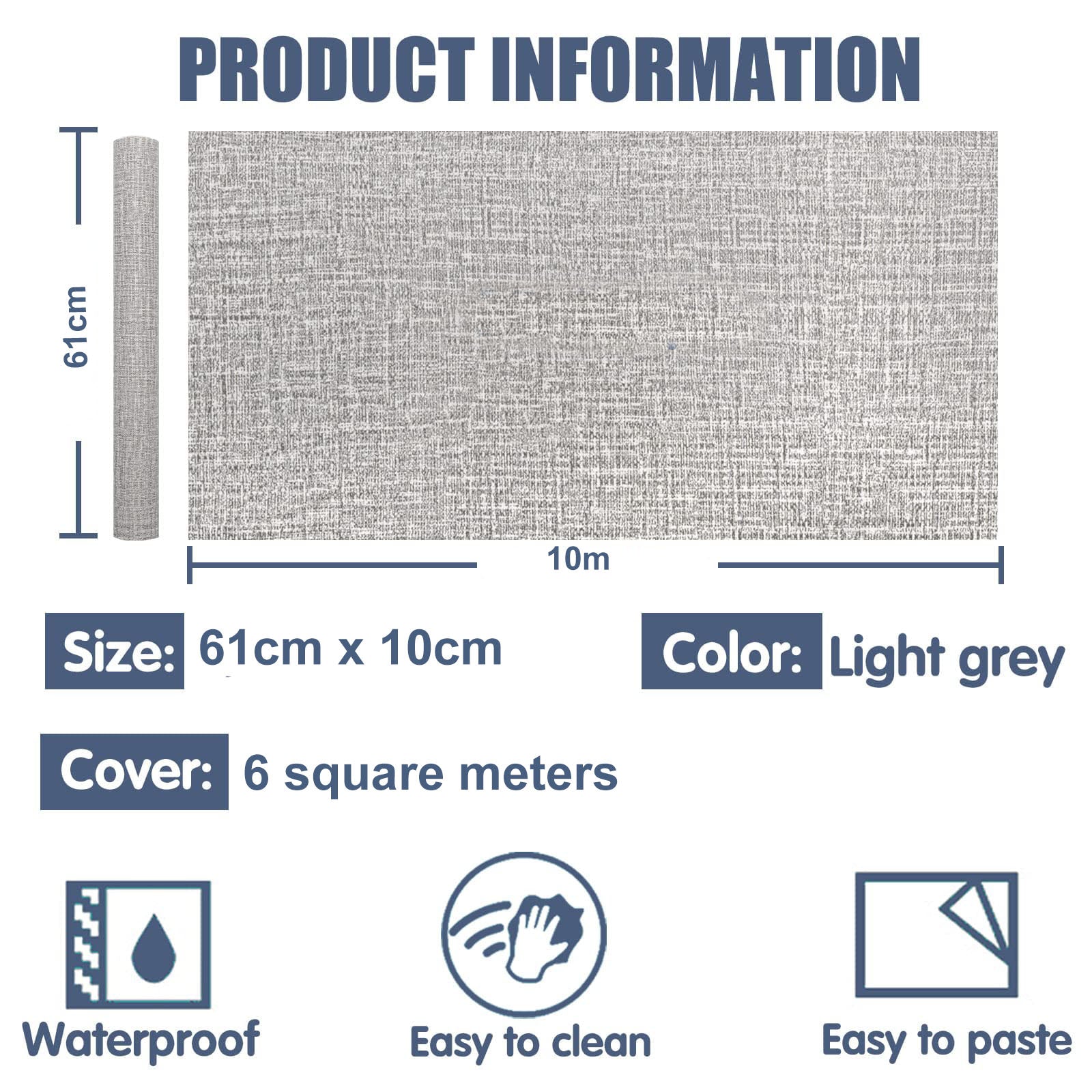 Light grey faux grasscloth contact wallpaper product info graphic with size and cover icons