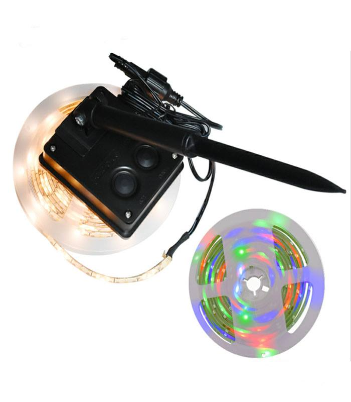 Solar LED strip light spotlight with lens, wiring, and rainbow effect reel
