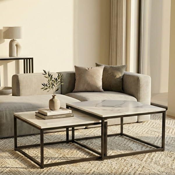 Interior Ave - Ciest Square Nested Coffee Table Set - White Marble Stone