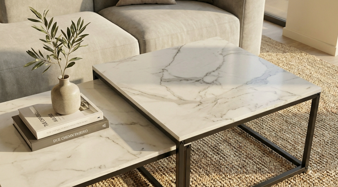 Interior Ave - Ciest Square Nested Coffee Table Set - White Marble Stone