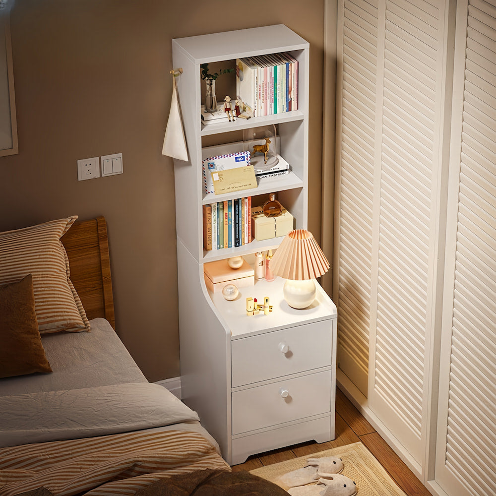 Minimalist Tall Bookshelf White Nightstand Cabinet with Drawers Curved Design