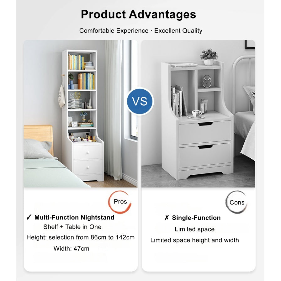 Minimalist Tall Bookshelf White Nightstand Cabinet with Drawers Curved Design