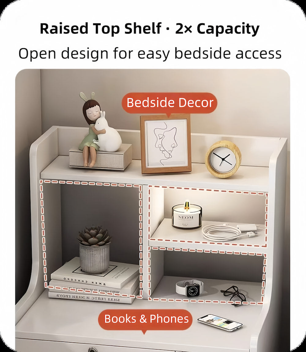 White Nightstand Wooden Knobs Divided Storage Sections Drawers Curved Sides