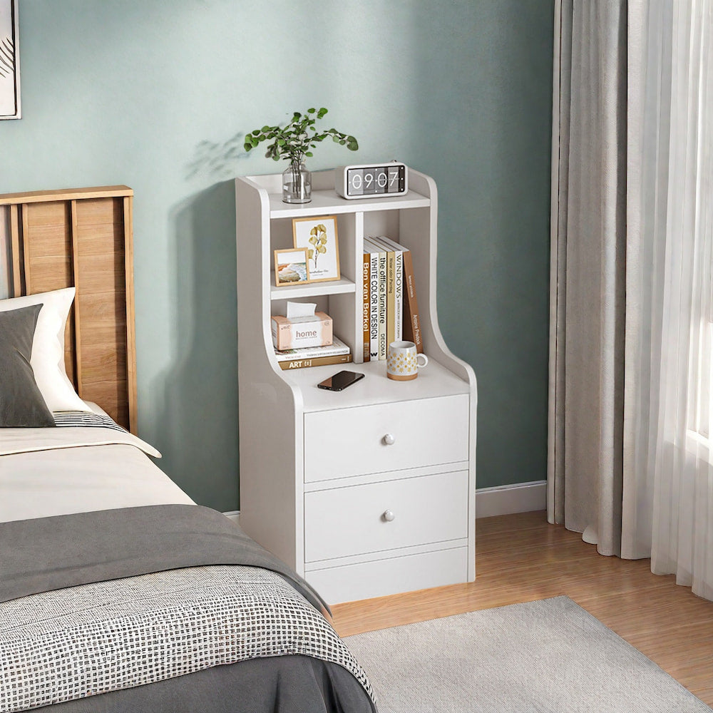 White Nightstand Wooden Knobs Divided Storage Sections Drawers Curved Sides