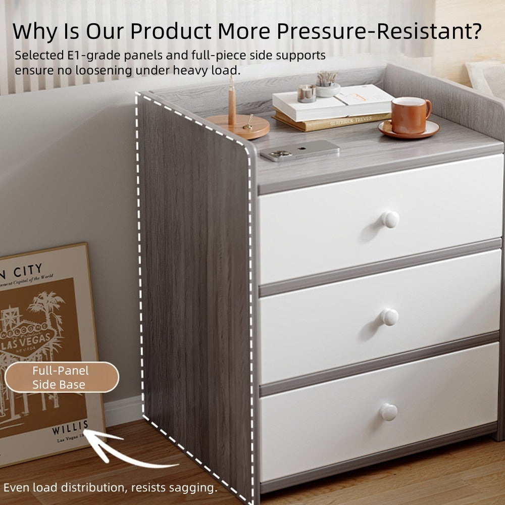 Minimalist Nightstand White Triple Drawer Safety Tray Design Wooden Handles