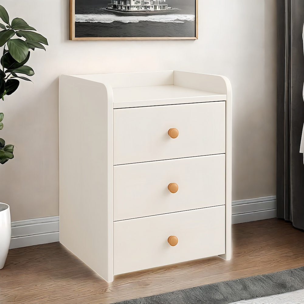 Minimalist Nightstand White Triple Drawer Safety Tray Design Wooden Handles
